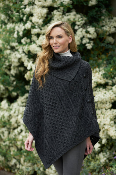 LADIES MERINO ARAN COWL NECK CAPE WITH SIDE BUTTONS