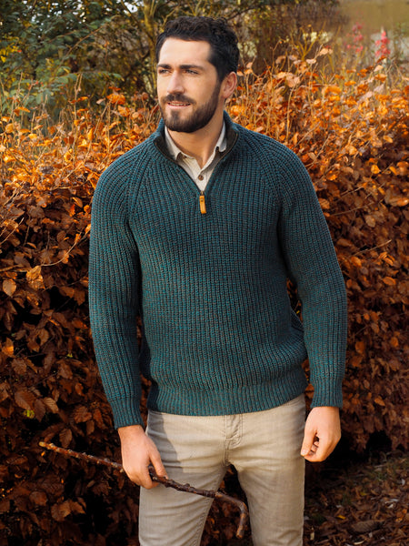 FISHERMAN STYLE HALF ZIP SWEATER WITH RIBBED STITCH