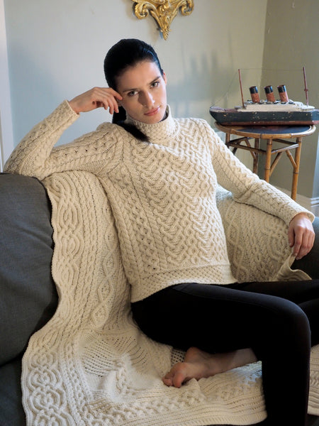 POLO NECK ARAN SWEATER WITH HEART DESIGN