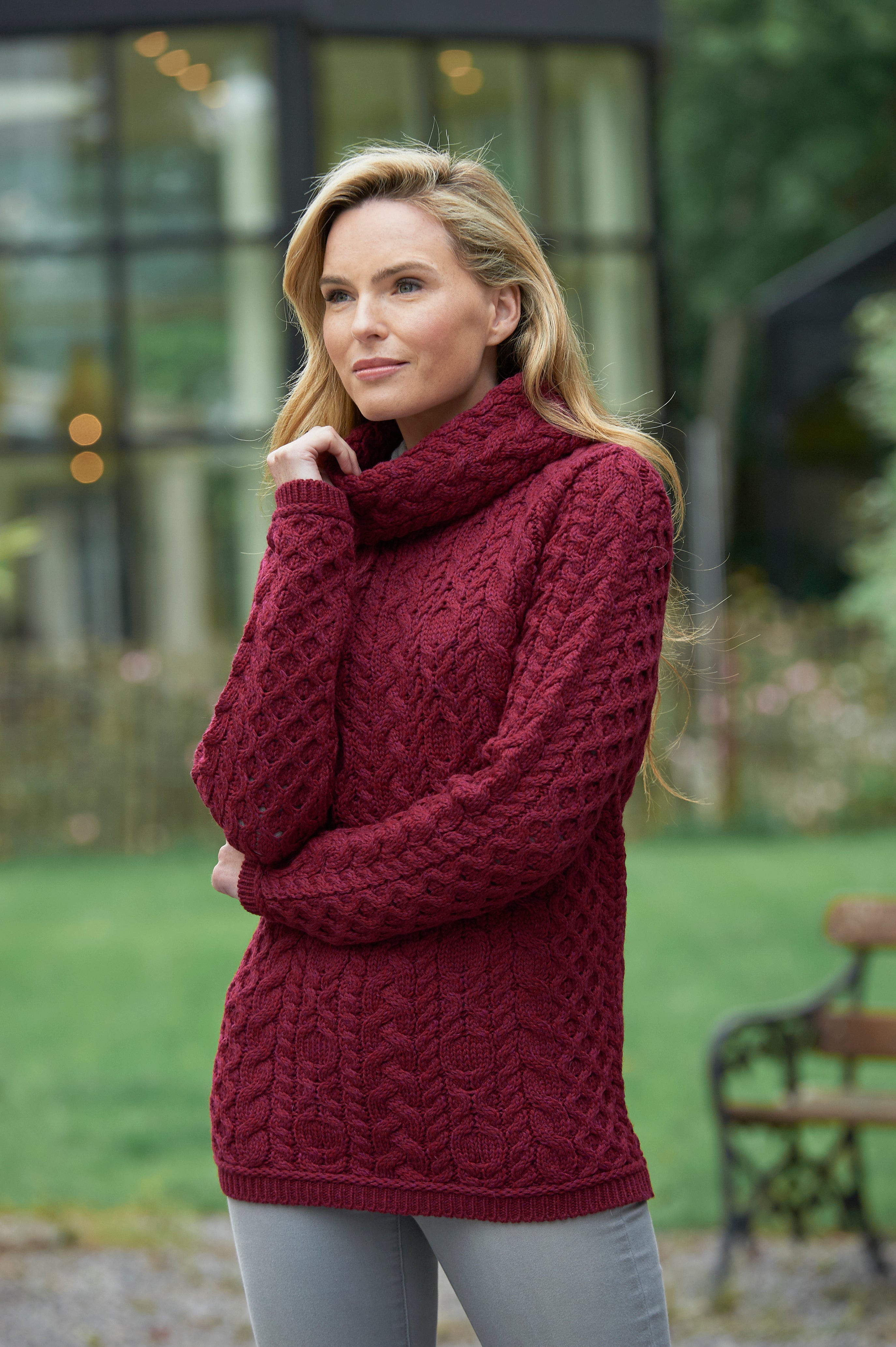 Cowl Neck Cable Knit Front Sweater