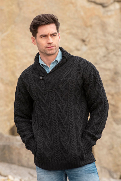 ARAN ONE BUTTON SHAWL COLLAR SWEATER