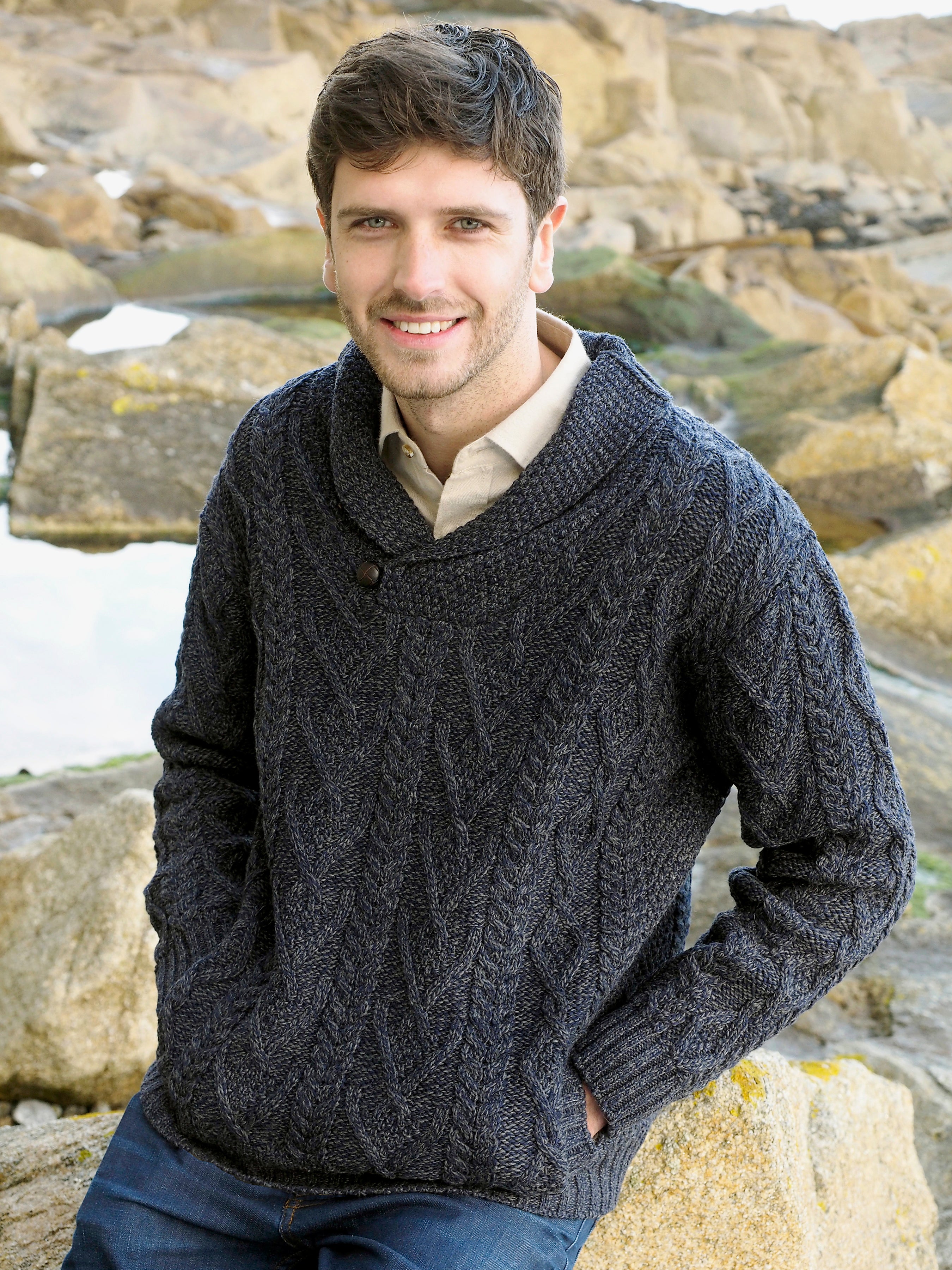 Button shawl neck sweater shop