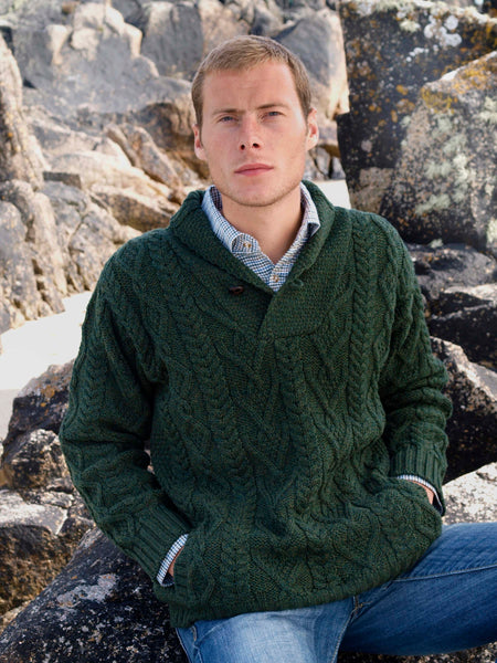 ARAN ONE BUTTON SHAWL COLLAR SWEATER
