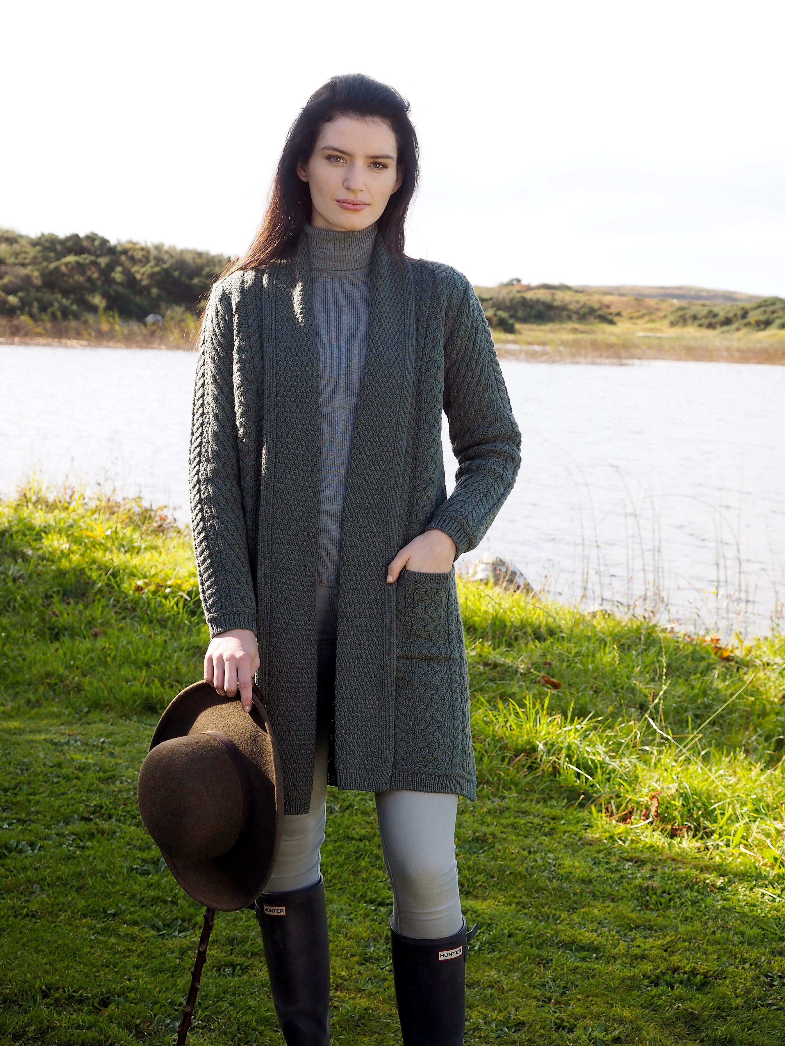 ARAN SHAWL CARDIGAN WITH EDGE TO EDGE DRAPE FRONT The Irish