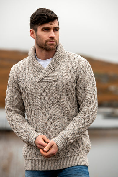 BUNRATTY SHAWL COLLAR CABLE STITCH ARAN SWEATER