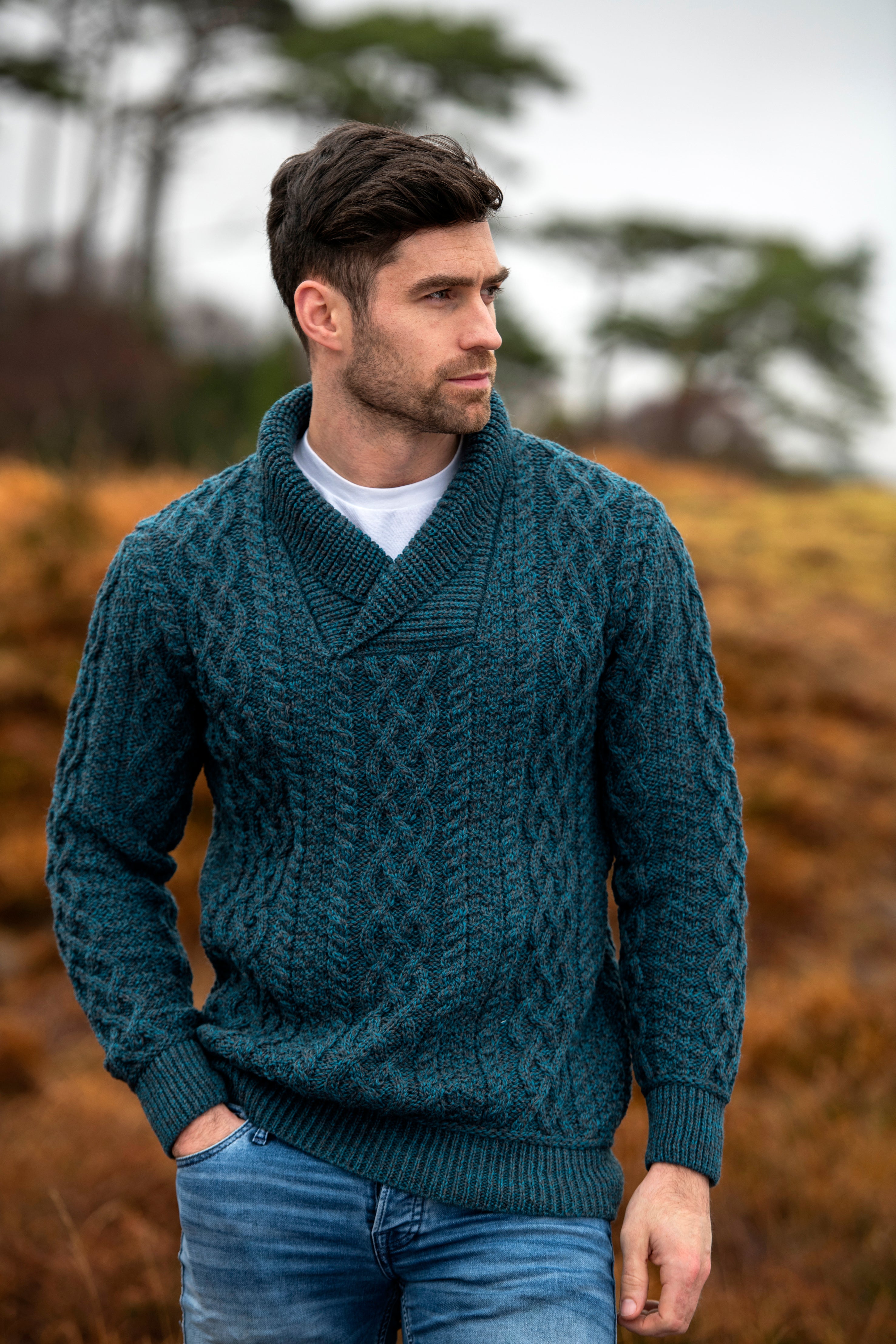 BUNRATTY SHAWL COLLAR CABLE STITCH ARAN SWEATER The Irish Celtic