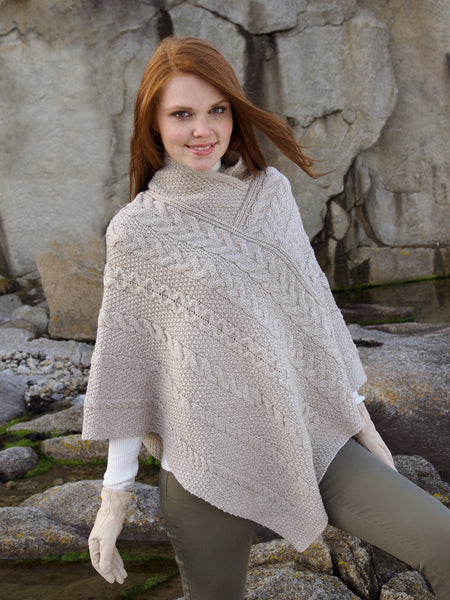LADIES ARAN PONCHO WITH CABLE AND MOSS STITCHING