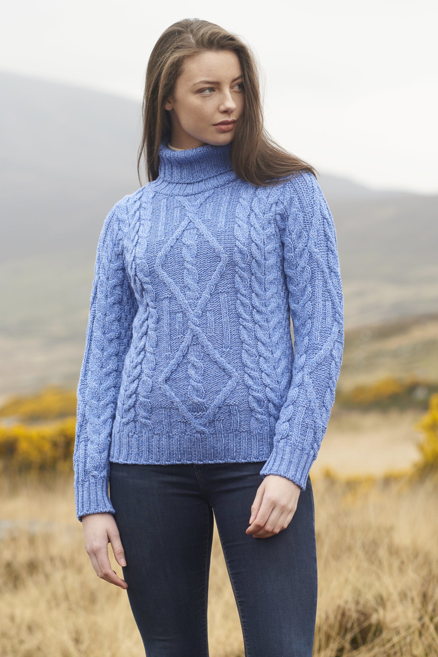 High Neck Cable Aran Sweater Teal - Irish Handcrafts