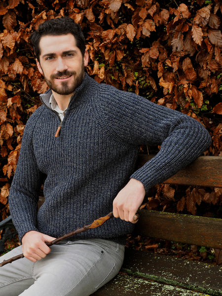 FISHERMAN STYLE HALF ZIP SWEATER WITH RIBBED STITCH