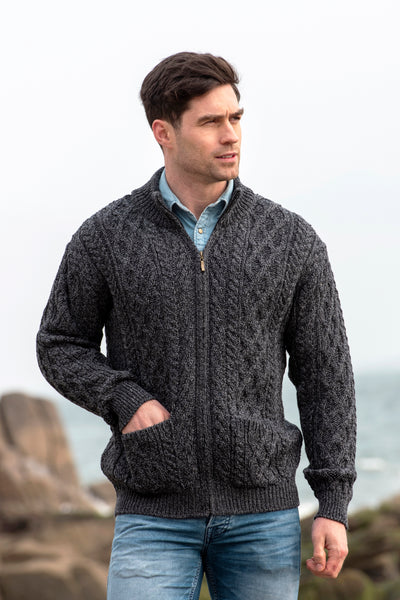 DIAMOND AND CABLE KNIT ARAN CARDIGAN WITH ZIP