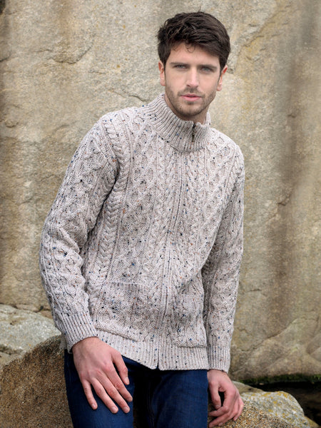 DIAMOND AND CABLE KNIT ARAN CARDIGAN WITH ZIP