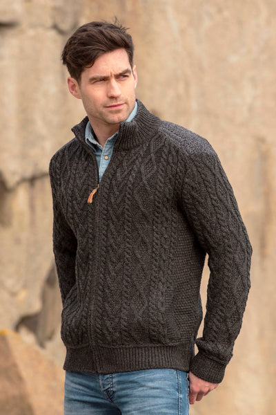 FULL ZIP ARAN CARDIGAN WITH SHOULDER PATCH DESIGN